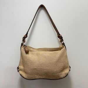 Vintage 1954 Fossil Straw Shoulder Bag Tan Brown Leather Trim‎ Hobo Purse